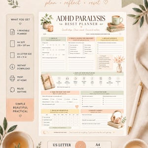 Peut inclure: Un document de planification imprimable pour la paralysie TDAH comprenant des sections pour le bilan, les causes, la réduction de pression, les habitudes, les étapes, le flux, le suivi et la réflexion, disponible en formats A4 et US Letter.