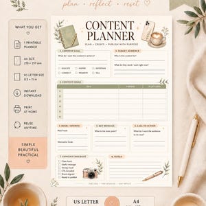 May include: A printable content planner document featuring sections for content goals, target audience, ideas, hooks, key messages, and a checklist. The page includes text, illustrations of a notebook, coffee, and a camera, with A4 and US Letter sizes.