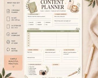May include: A printable content planner document featuring sections for content goals, target audience, ideas, hooks, key messages, and a checklist. The page includes text, illustrations of a notebook, coffee, and a camera, with A4 and US Letter sizes.