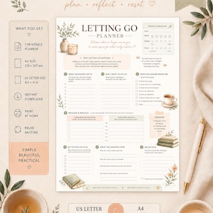 May include: A printable planner titled Letting Go Planner with sections for wellness and intentional living. The document includes fields for daily check-ins, reflection, and release strategies, featuring botanical illustrations and text in A4 and US Letter sizes.