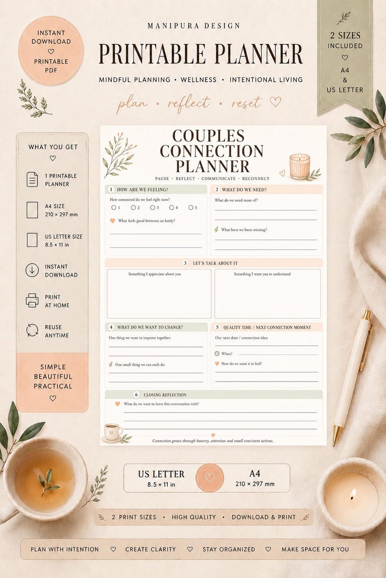 May include: A printable Couples Connection Planner document featuring sections for feelings, needs, and reflection. The page includes text headers, lines for writing, and botanical illustrations. It is presented with a pen, a tea cup, and a candle.
