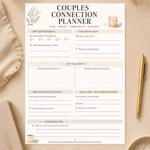 May include: A white paper Couples Connection Planner with black text and soft peach accents. The form includes sections titled How Are We Feeling, What Do We Need, Let's Talk About It, What Do We Want To Change, Quality Time, and Closing Reflection.