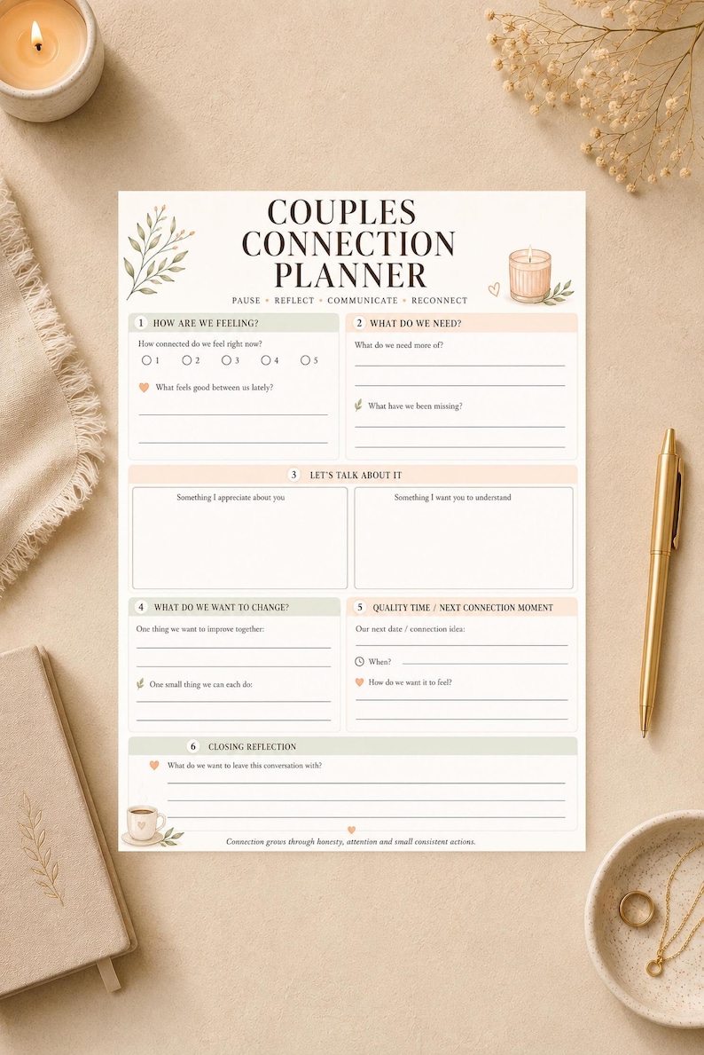 May include: A white paper Couples Connection Planner with black text and soft peach accents. The form includes sections titled How Are We Feeling, What Do We Need, Let's Talk About It, What Do We Want To Change, Quality Time, and Closing Reflection.