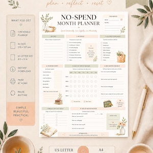 Könnte beinhalten: Ein druckbarer Monatsplaner für ausgabenfreie Tage mit Abschnitten für Regeln, erlaubte Einkäufe, einen täglichen Tracker und einen Monatsrückblick. Das Layout enthält botanische Illustrationen, Textüberschriften und Kontrollkästchen.