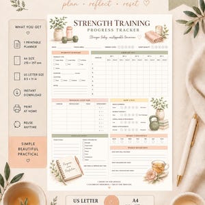 Op de afbeelding: Een printbare plannerpagina voor het bijhouden van krachttraining met secties voor trainingssamenvattingen, oefenlogboeken, voortgangsregistratie en wekelijkse reflecties, voorzien van botanische illustraties in zachte neutrale tinten.