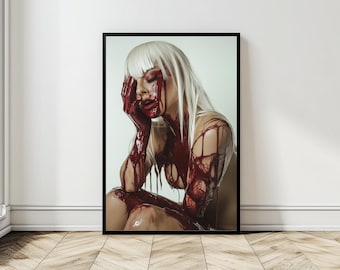 Gottfried Helnwein Style Satin Poster: Edgy Woman in Blood, Urban Art