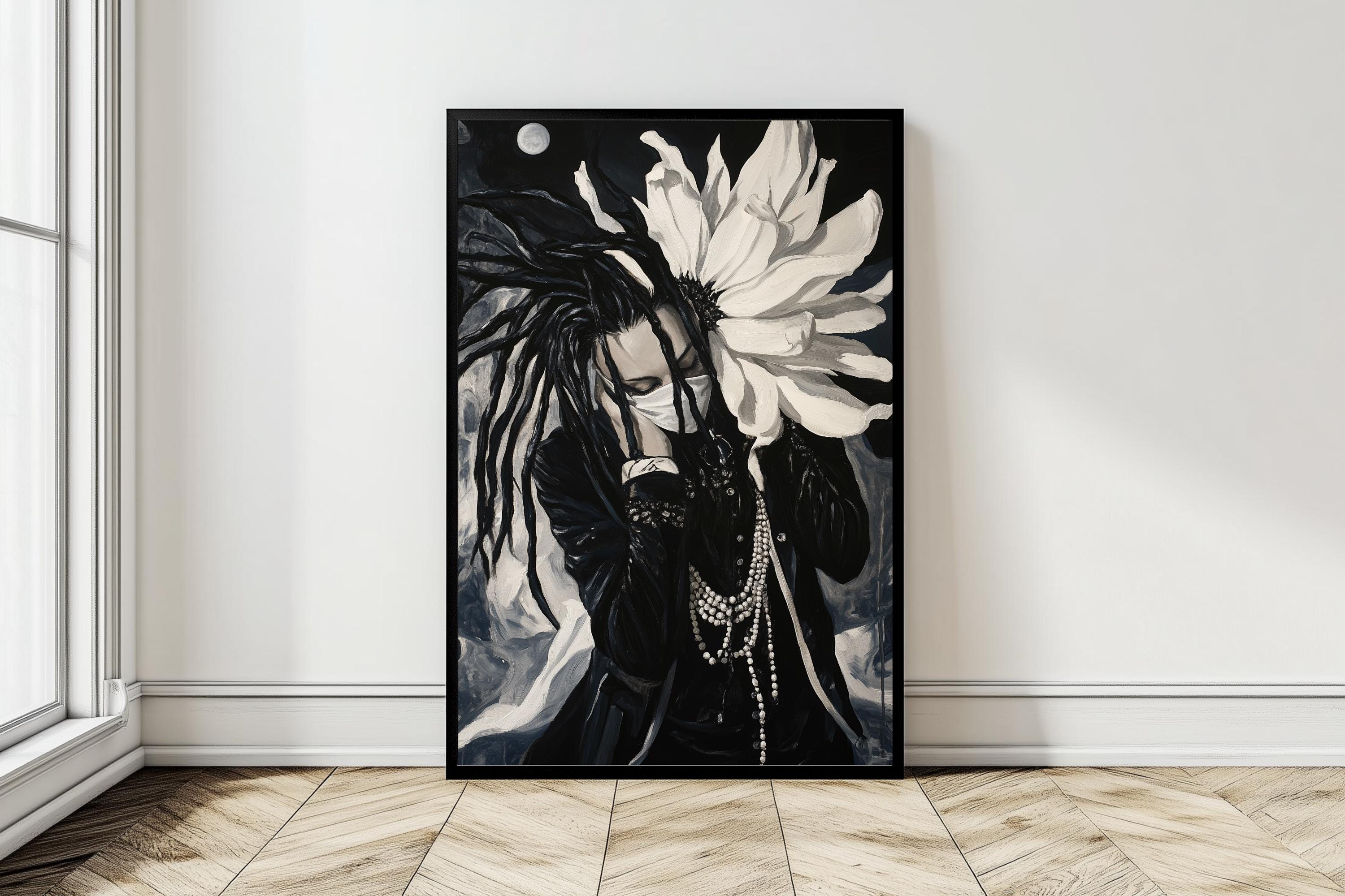 Black Woman Flower Art Print: Satin Tones, Modern Living Decor