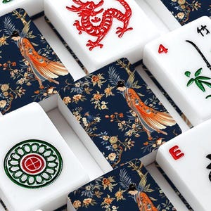 Japanese Crane Mahjong Tiles, Chinoiserie Mahjong Set, Navy Floral Mahjong Tiles, Asian Inspired Mahjong, American Mahjong Tiles with Jokers bild 1