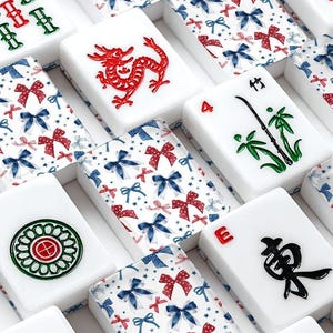 Patriotic Bow Mahjong Tiles, America 250 Mahjong Set, Fourth of July Mahjong Tiles, Red White Blue Bows, American Mahjong Tiles with Jokers image 1