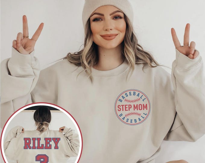 Stepmom  Baseball Sweatshirt With Custom Number And Name, Baseball Stepmom, Personalized Baseball Crewneck for Bonus Mom