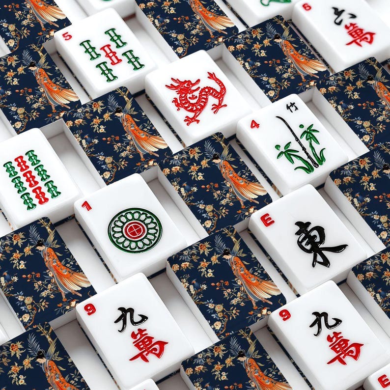 Japanese Crane Mahjong Tiles, Chinoiserie Mahjong Set, Navy Floral Mahjong Tiles, Asian Inspired Mahjong, American Mahjong Tiles with Jokers bild 1