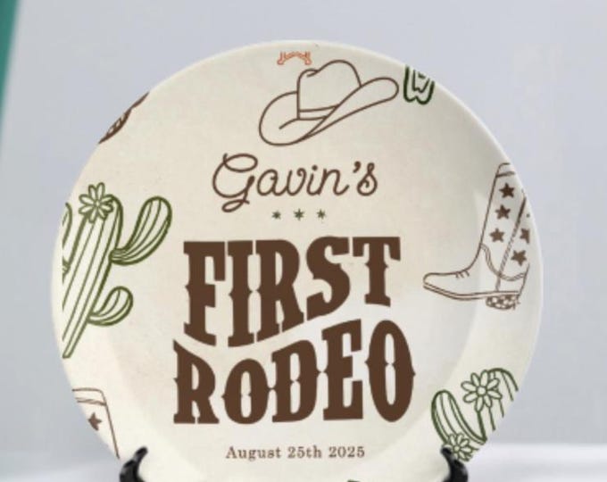 Personalized First Birthday Rodeo Plate • Cowboy Birthday Keepsake • Western Baby Birthday Gift • Custom Name & Date Rodeo Party Decoration