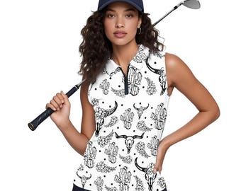 Western Golf Polo Women | Cowgirl Golf Shirt | Sleeveless Golf Top | Pickleball Shirt Women | Country Club Golf Apparel | Desert Cactus Polo