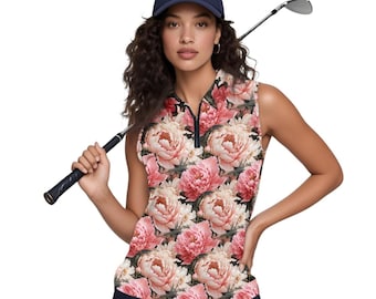 Women’s Floral Golf Sleeveless Polo Shirt, Custom Collared Tank Top, Lightweight Performance Golf Shirt for Ladies, Fun Golf Outfit