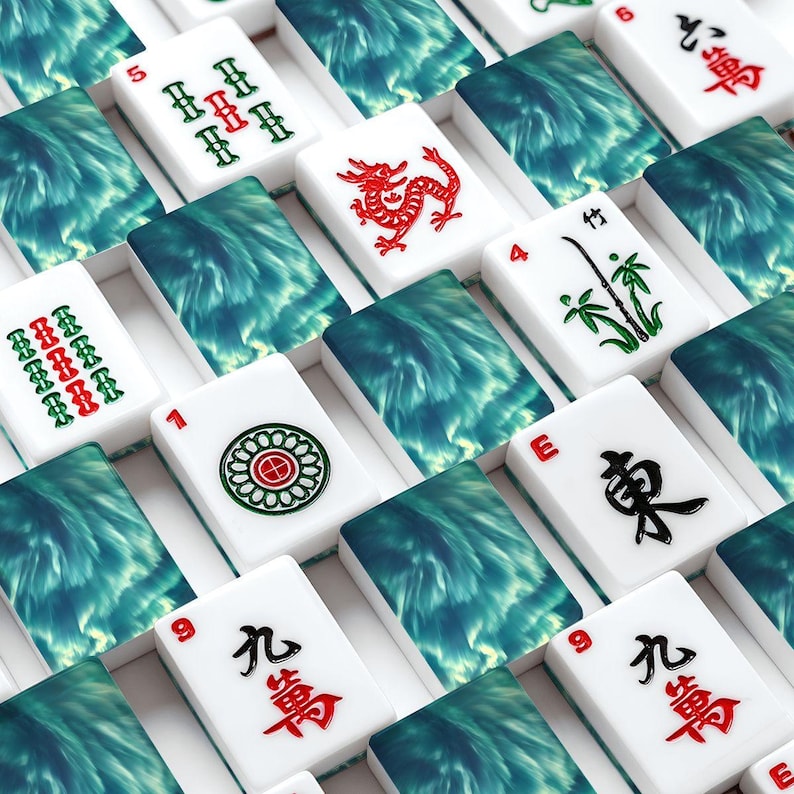 Mahjong Tile Set Northern Lights Design, Aurora Borealis Mahjong Tiles with Jokers, Galaxy Mahjong Game Set with Case Gift image 1