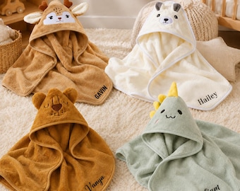 Personalized Baby Hooded Blanket, Embroidered Name Animal Blanket, Baby Shower Gift, Newborn Gift, Koala Elk Bear Dinosaur Blanket