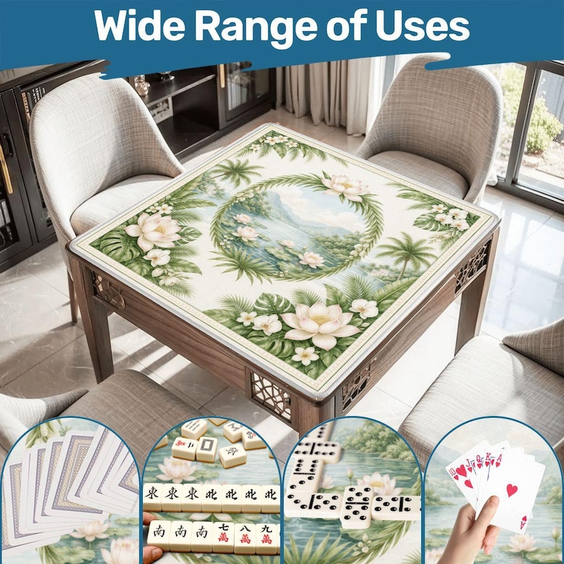 White Lotus Mahjong Mat, Chinoiserie Mahjong Mat with Bag, Grandmillennial Mahjong Table Cover, Coastal Palm Mahjong Set American Mahjong image 6