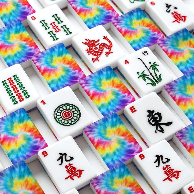 Juego de Mahjong Tie Dye, fichas acrílicas de Mahjong americano con comodines, estuche para noche de juegos. imagen 1