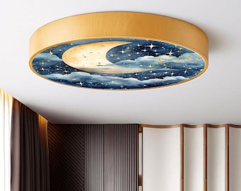 Moon & Stars Ceiling Light – Remote Control Dimmable LED Fixture, Modern Nursery Night Sky Lamp (15.8")