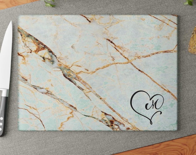 Monogrammed Elegant Marble Vibe Glass Cutting Board, Kitchen Decor, Gift for Chefs, Housewarming, Wedding, Hostess Gift