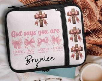 Personalized Bible Bag for Girls Christian Bible Cover with Name, Pink Bows & Cross, Scripture Tote, Faith Gift