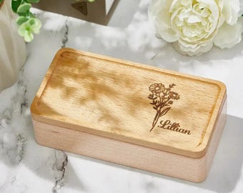 Personalized Wooden Birth Flower Jewelry Box, Travel Case, Custom, Bridesmaid, Jewelry Organizer