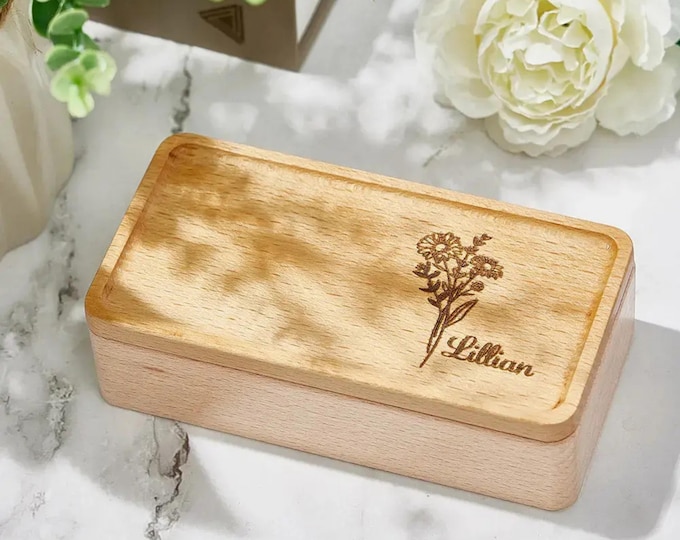 Personalized Wooden Birth Flower Jewelry Box, Travel Case, Custom, Bridesmaid, Jewelry Organizer