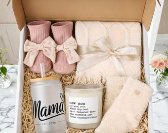 Personalized New Mom Gift Basket | Baby Shower Gift Box | Postpartum Care Set | Custom Tumbler & Soy Candle Set