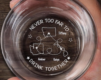 Custom Whiskey Glass Personalized States & Names for Up to 5 People, Long Distance Friendship Gift, Best Friend Gift, 3 Besties Gift