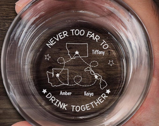 Custom Whiskey Glass Personalized States & Names for Up to 5 People, Long Distance Friendship Gift, Best Friend Gift, 3 Besties Gift
