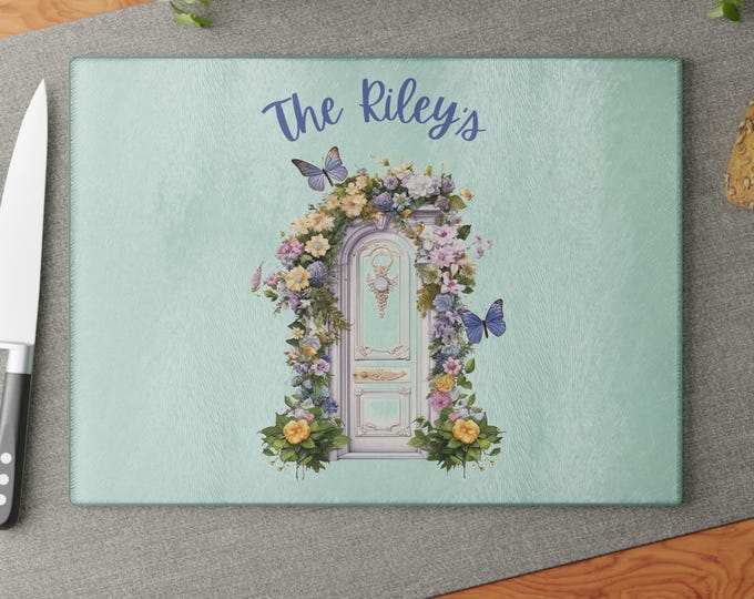 Personalized Floral Door Glass Cutting Board, Custom Kitchen Decor, Gift for New Home, Housewarming Gift, Family Name Board, Unique