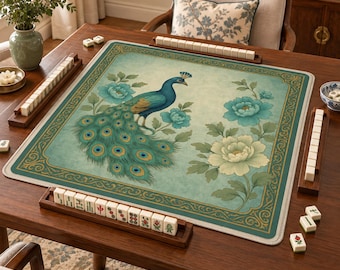 Peacock Mahjong Mat, Teal Floral Mahjong Game Mat, Green Mahjong Table Mat