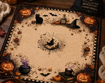 Halloween Mahjong Mat | Witch & Black Cat Mahjong Mat | Spooky Pumpkin Mahjong Table Mat | Gothic Halloween Decor | Includes Storage Bag