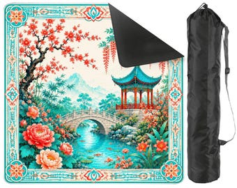Chinoiserie Mahjong Mat | Pagoda Garden Mahjong Table Mat | Floral Mahjong Mat with Storage Bag | Luxury Mahjong Gift | Non Slip Game Mat