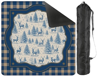 Winter Toile Mahjong Mat • Blue Gingham Plaid Christmas Deer & Pine Trees Mah Jongg Mat