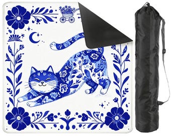 Blue Chinoiserie Cat Mahjong Mat | Foldable Mahjong Game Mat with Carry Bag | Grandmillennial Mahjong Table Cover | Cat Lover Mahjong Gift