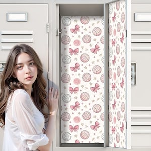 May include: A locker with an open door featuring a repeating pattern of pink volleyballs, pink bows, and small gold stars on a white background. The locker interior is lined with this patterned wallpaper, and the door edge also displays the design.