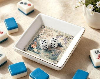 Chinoiserie Mahjong Dice Tray | Ceramic Mahjong Trinket Dish | Blue Garden Jewelry Tray | Mahjong Gift for Her | Gold Rim Catchall Dish