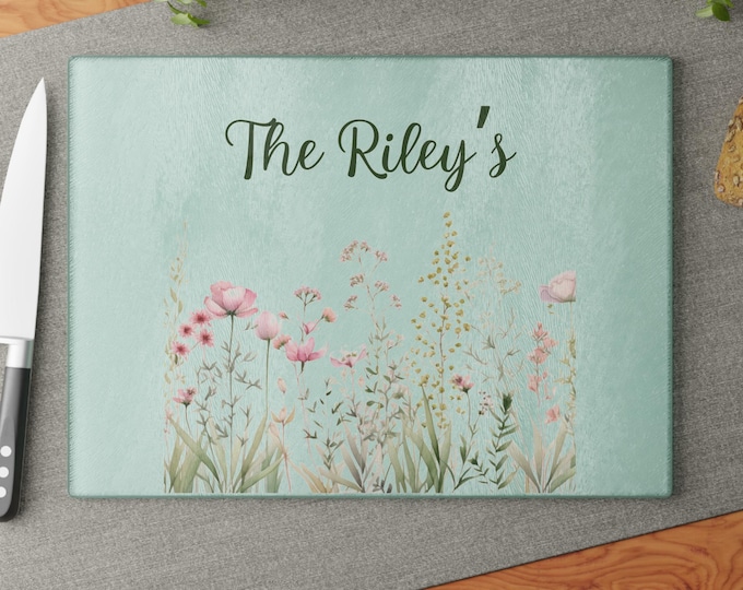 Personalized Floral Glass Cutting Board, Kitchen Decor, Wedding Gift, Anniversary Gift, Housewarming Gift, Custom Kitchenware