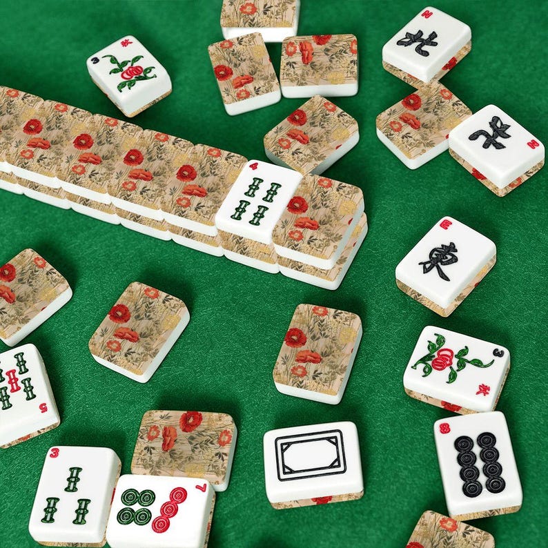 Vintage Red Floral Mahjong Tiles, Botanical Mahjong Tiles with Jokers, Antique Style Mahjong Game Set with Case Gift image 1