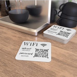 Puede incluir: Posavasos cuadrado blanco con texto negro y un código QR. El texto dice "WiFi", "red therileys", "contraseña mywifi".