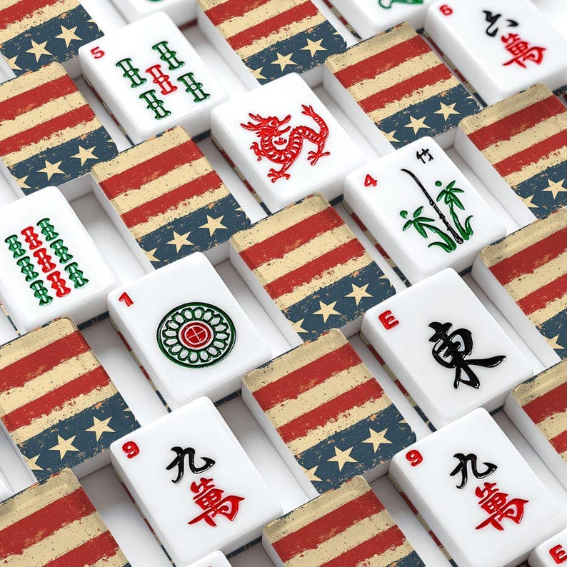 Juego de fichas de Mahjong patrióticas, juego de Mahjong americano, fichas de Mahjong del 4 de julio, Mahjong rojo, blanco y azul, regalo de Mahjong americano, juego de 166 fichas imagen 1
