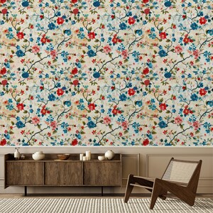 Chinoiserie Peel and Stick Wallpaper: Vintage Floral Bird Mural