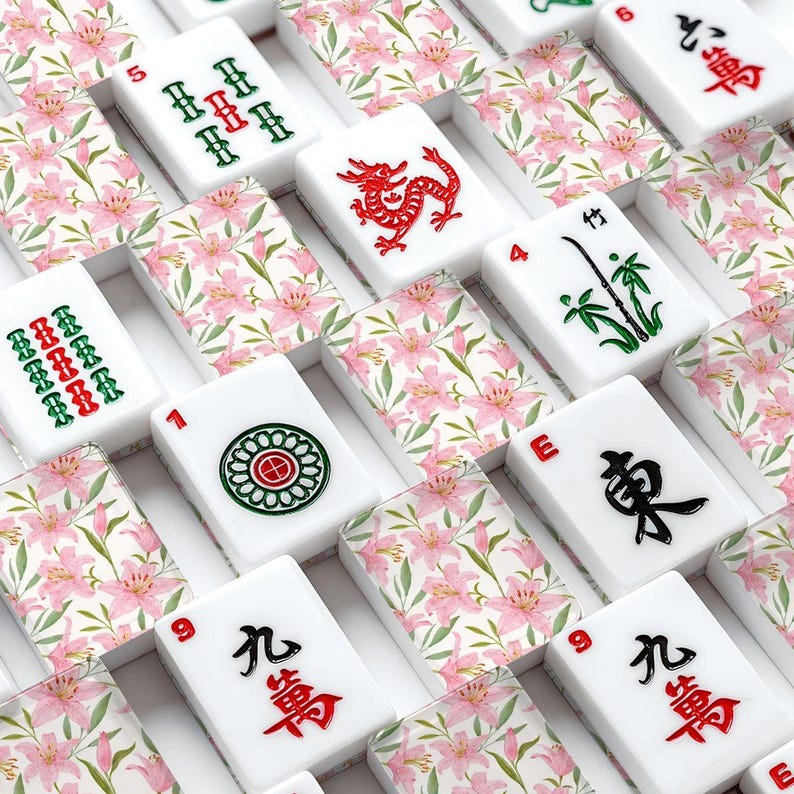 Pink Lily Mahjong Tiles, Personalized Mahjong Tiles, Floral Mahjong Set, American Mahjong Tiles with Jokers, Custom Mahjong Pink Flower image 1