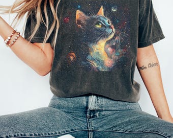 Cosmic Cat Comfort Colors T-Shirt: Unique Space Art Tee