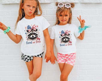 Kids Funny 4th of July Raccoon Tee, Patriotic Toddler Outfit, Independence Day Apparel for Children, Feral But Free Kids Shirt,