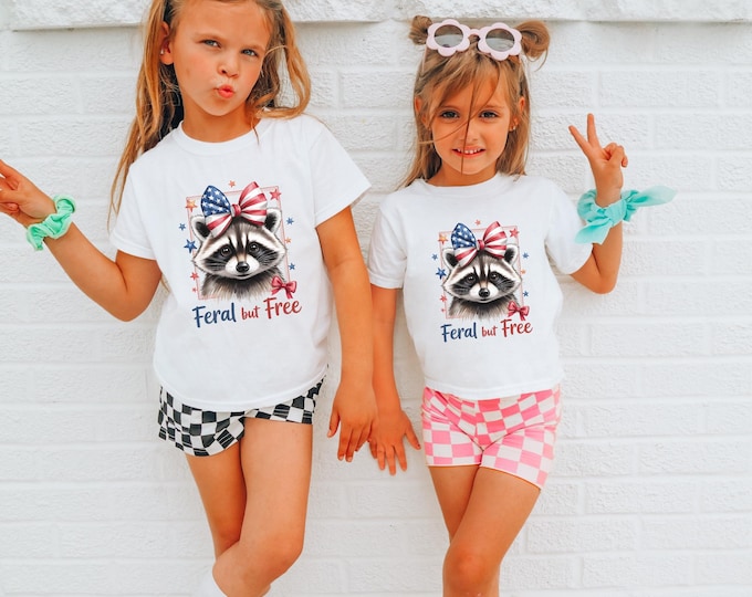 Kids Funny 4th of July Raccoon Tee, Patriotic Toddler Outfit, Independence Day Apparel for Children, Feral But Free Kids Shirt,