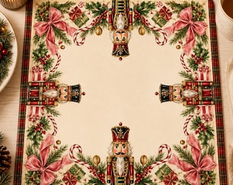 Nutcracker Mahjong Mat | Christmas American Mahjong Mat | Pink Bow Holiday Game Mat | Candy Cane Mahjong Table Cover  Vintage Christmas Gift