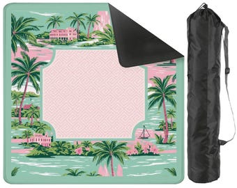 Preppy Pink & Green Island Tropical Palm Tree Mahjong Mat