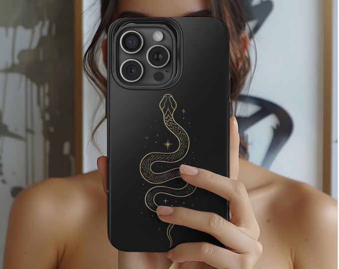 Snake Phone Case fits iPhone & Samsung - Cute Tough Case Black Gold Snake fits iPhone 16/15/14/13/12 - Trendy Aesthetic Design